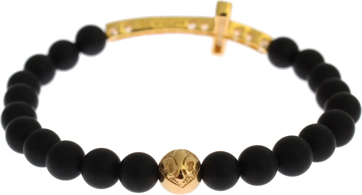 Armband Nialaya Jewelry Chic Matte Onyx Perlen & CZ Diamant Kreuz