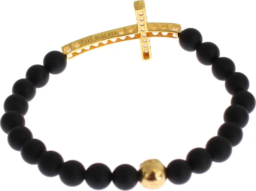 Armband Nialaya Jewelry Chic Matte Onyx Perlen & CZ Diamant Kreuz