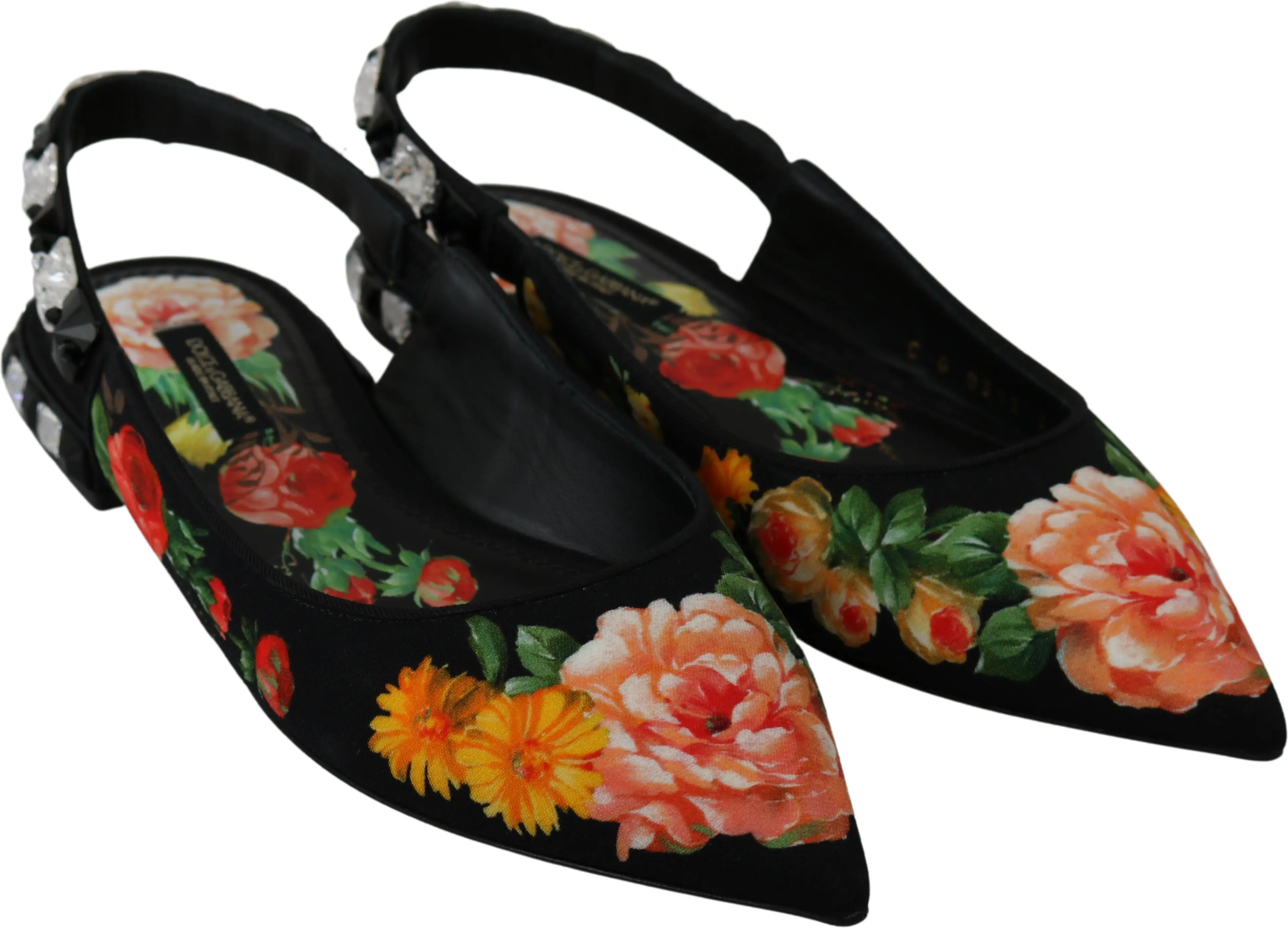 Flats Shoes Dolce & Gabbana Black Floral Crystal Slingbacks