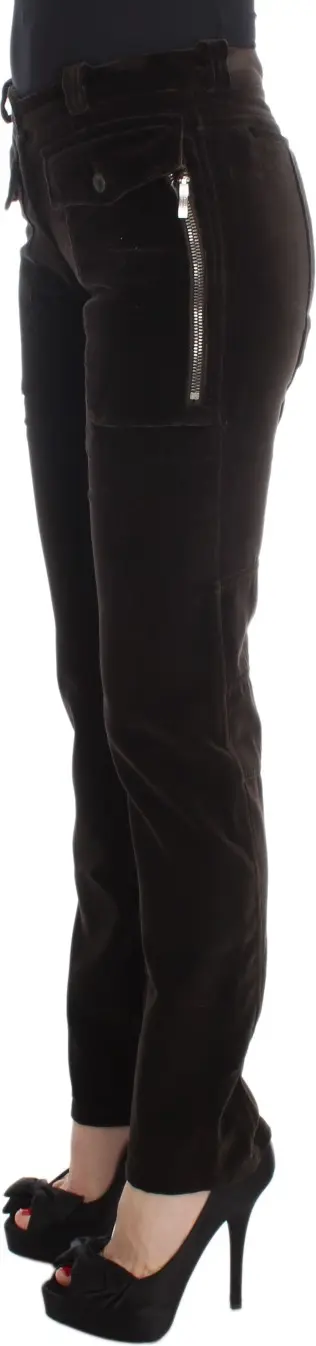Pants Ermanno Scervino Brown Cotton Velvet Zippers Slim Fit