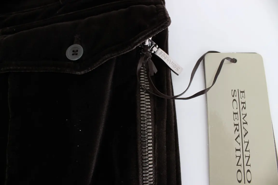 Pants Ermanno Scervino Brown Cotton Velvet Zippers Slim Fit