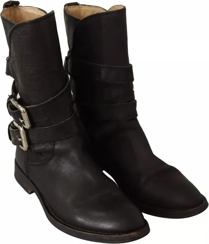 Black Leather Buckle Mid Calf Boots Shoes Dolce & Gabbana