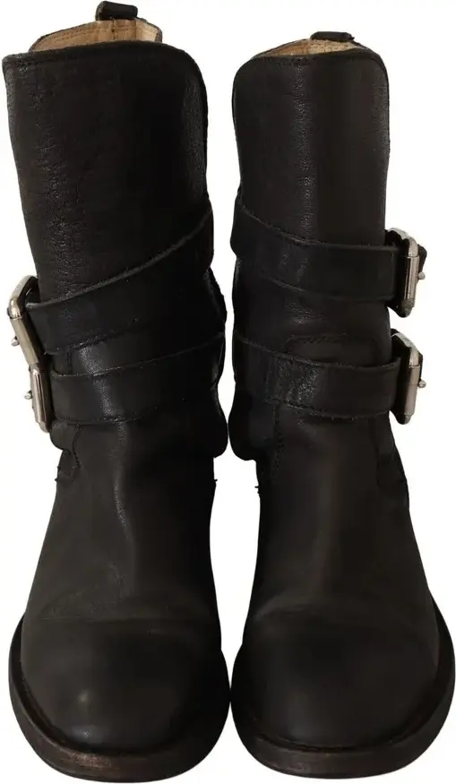 Black Leather Buckle Mid Calf Boots Shoes Dolce & Gabbana
