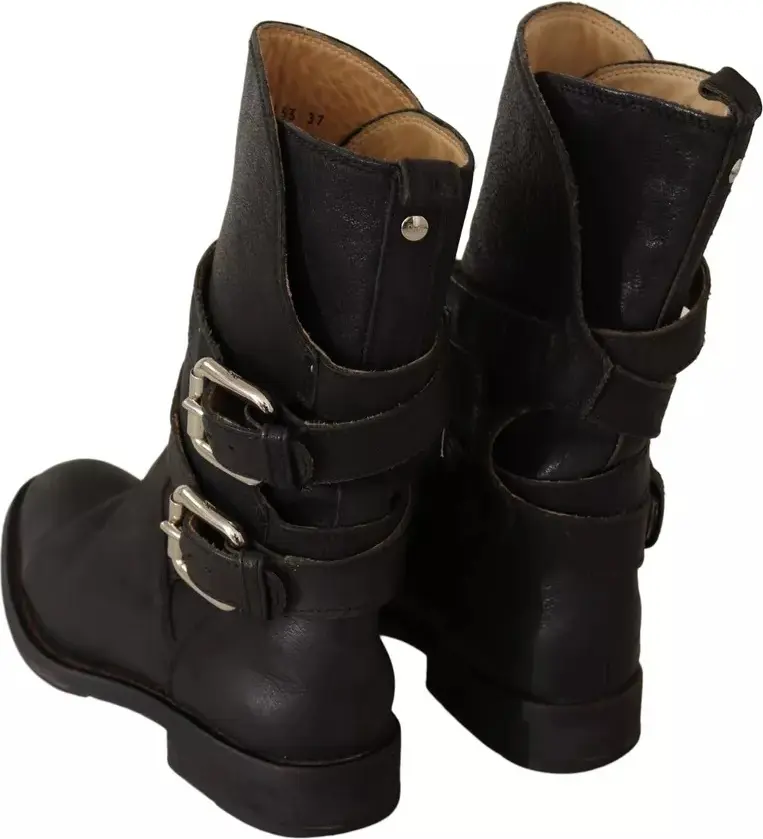 Black Leather Buckle Mid Calf Boots Shoes Dolce & Gabbana