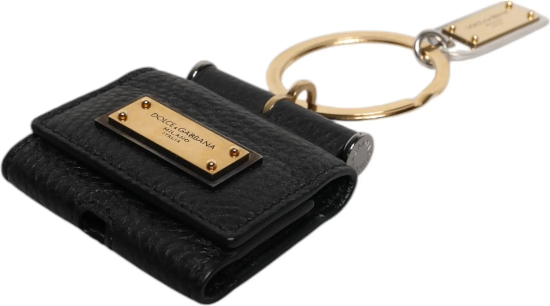 Case Dolce & Gabbana Black Leather Strap Gold Metal Logo Plaque Airpods Case