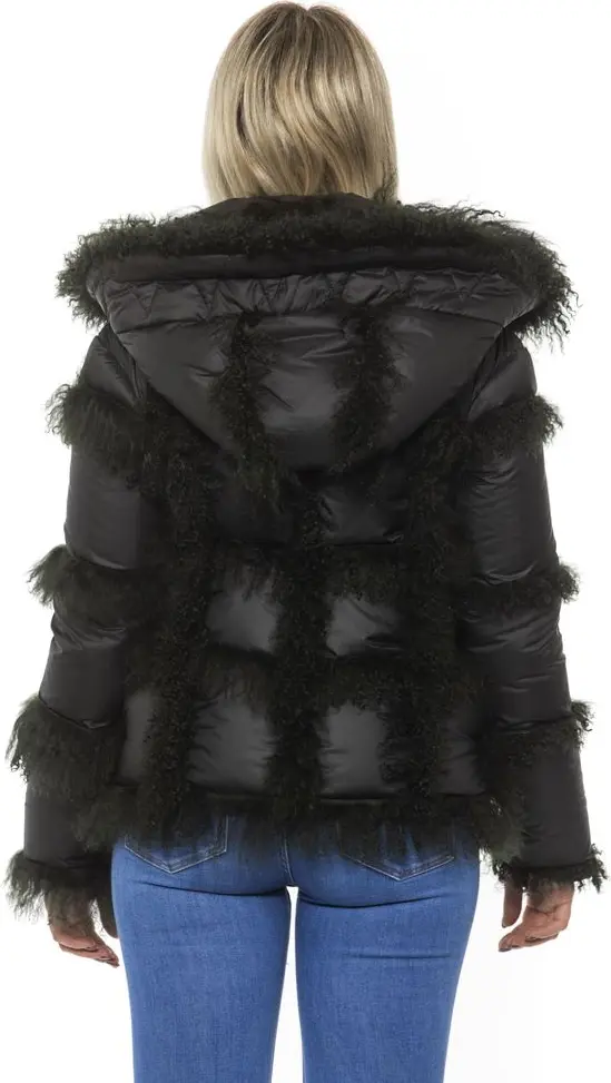 Jacket MR & MRS ITALY Black Poly Jacket with Lamb Fur Hood