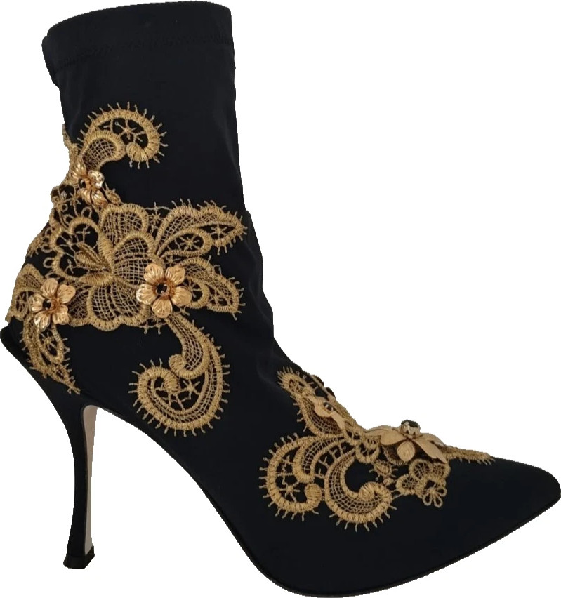 Schuhe Dolce & Gabbana Schwarze Stiefel mit Goldstickerei und Kristallen